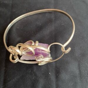 Bangle Silvertone Bracelet with Natural Stone